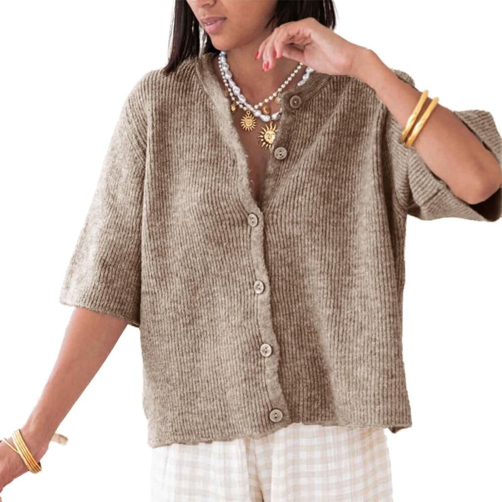 Women's Knit Cardigan Short Sleeve Button Up Solid Color Fall Winter Top